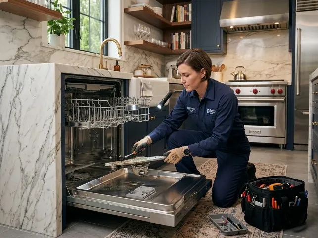 Appliance Repair Hero technician servicing a built-in dishwasher in a Baden, PA kitchen