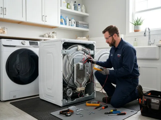 Appliance Repair Hero technician checking a dryer heating element with the rear panel off in Baden, PA
