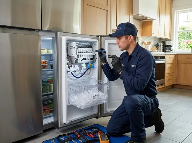 Appliance Repair Hero technician repairing a refrigerator ice maker in Baden, PA