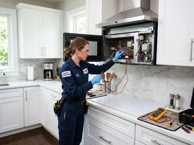Appliance Repair Hero technician testing an over-the-range microwave in a Baden, PA kitchen
