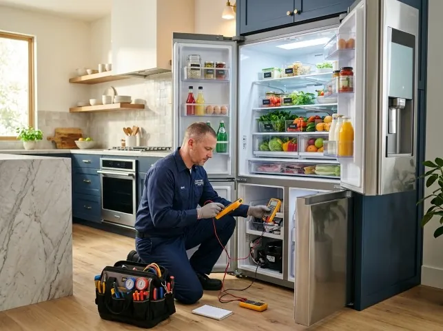 Appliance Repair Hero refrigerator technician testing a fridge on a Baden, PA service call