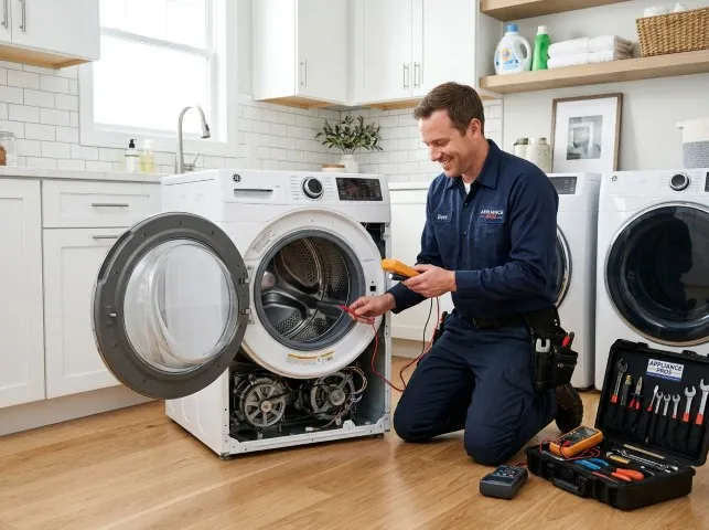 Appliance Repair Hero technician testing a front-load washer with a multimeter on a Baden, PA service call